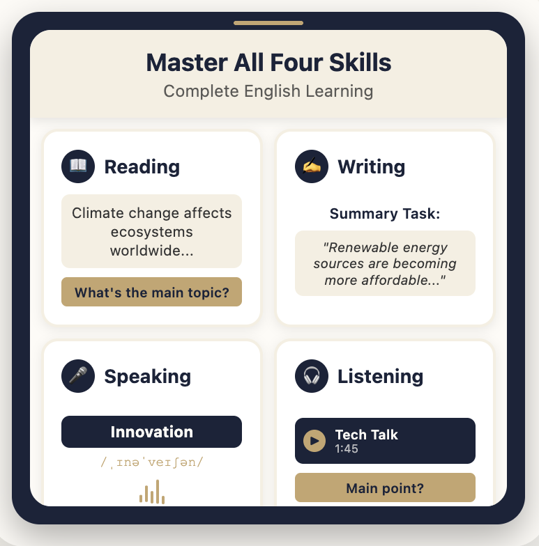 App screenshot showing all 4 skills